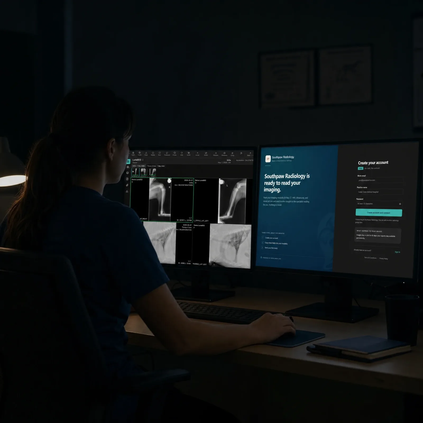 Radiologist at a dual-monitor read with NewLumen open
