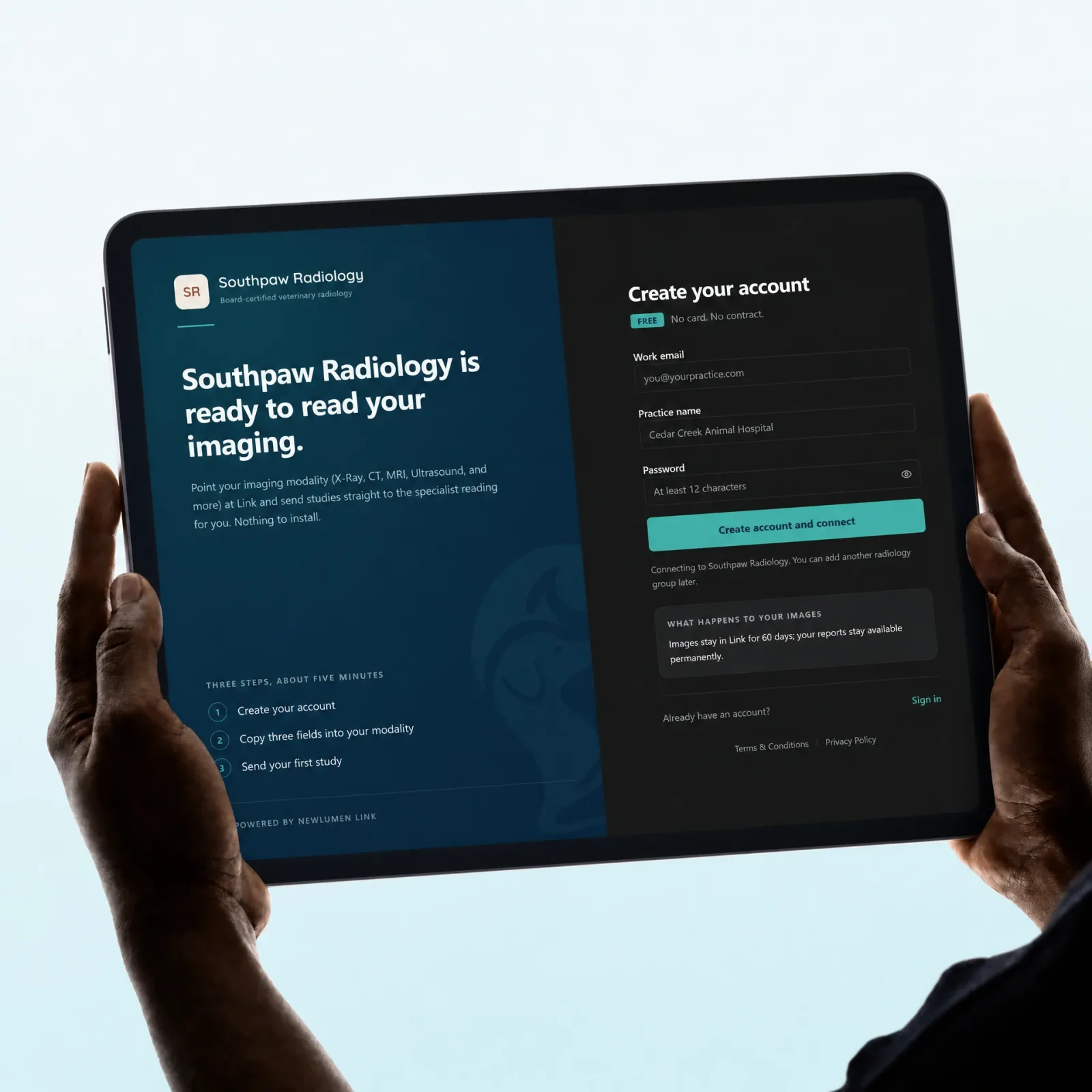 Tablet held up showing a NewLumen Link sign-up page for a radiology group