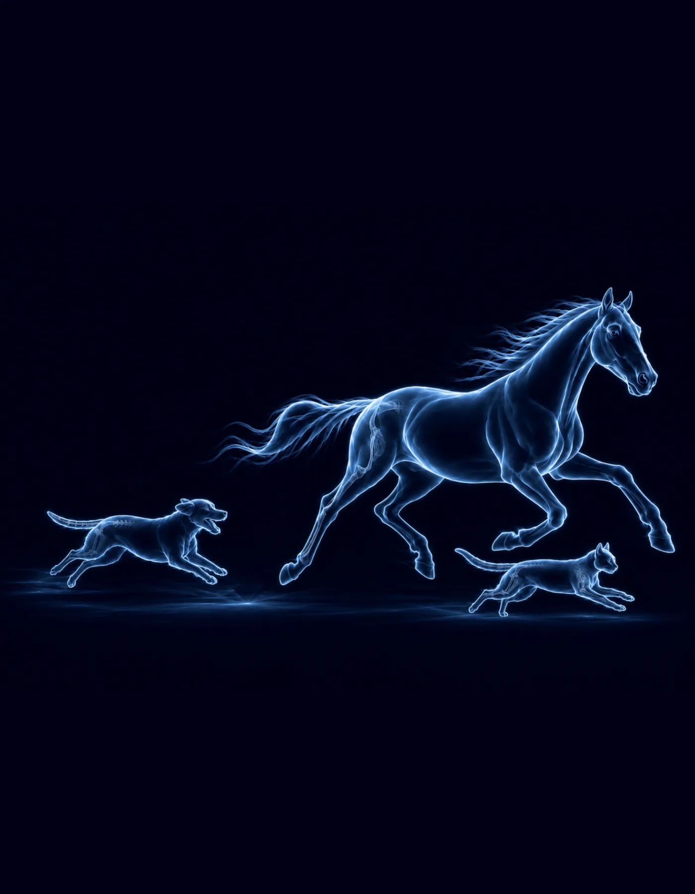 Horse, dog, and cat running, multi-species veterinary imaging by Asteris