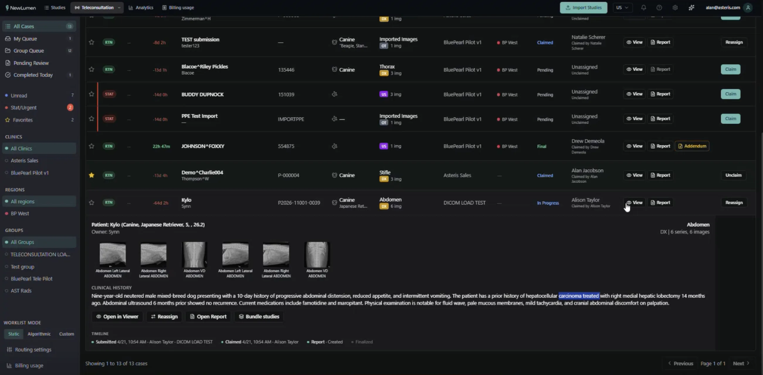 NewLumen platform: multi-clinic worklist with teleconsultation queue and case detail panel