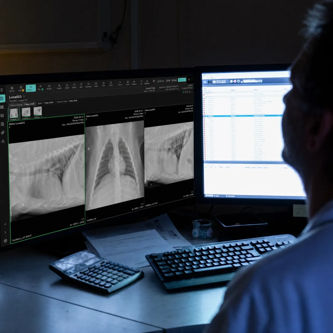 Radiologist reading in NewLumen on two monitors