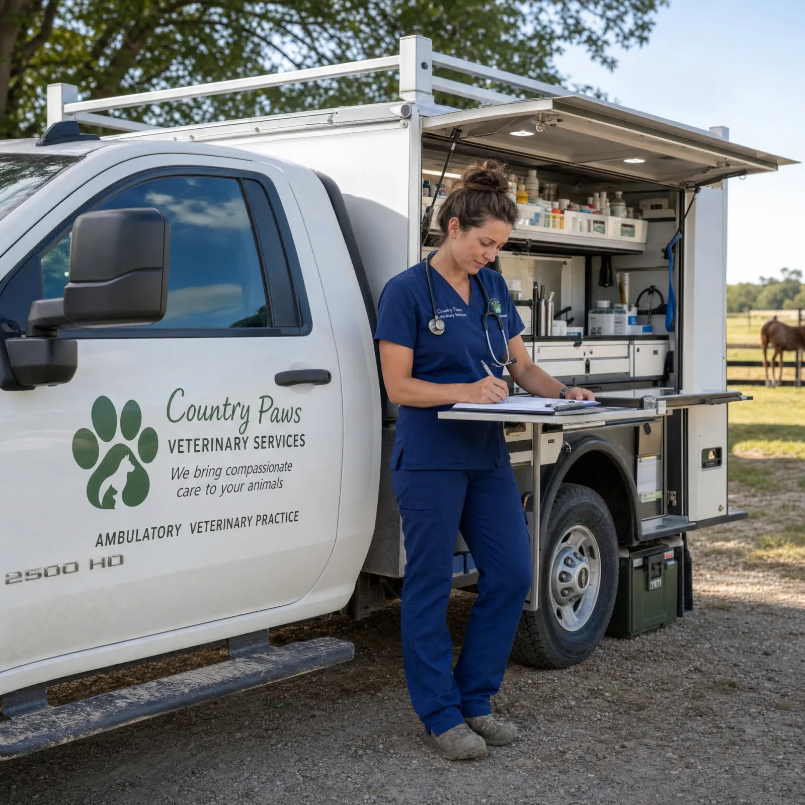 Ambulatory veterinarian checking stock at the open supply compartment of a practice truck