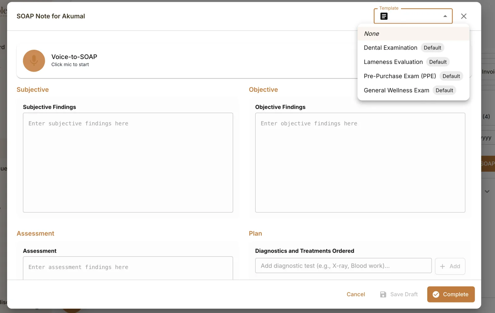 StableTrack SOAP note screen with dictated clinical notes