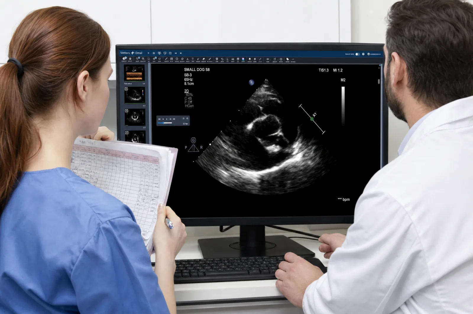 Two clinicians reviewing a cardiac ultrasound in Keystone Omni